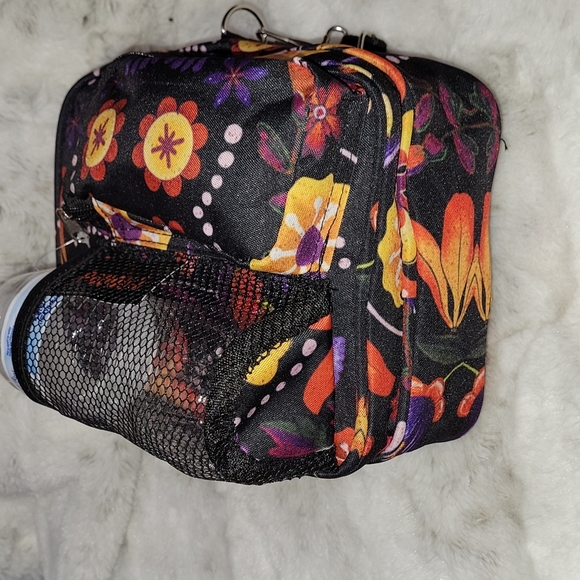 Black with flowers crossbody bag. Canvas holds bottle water. - Picture 4 of 8